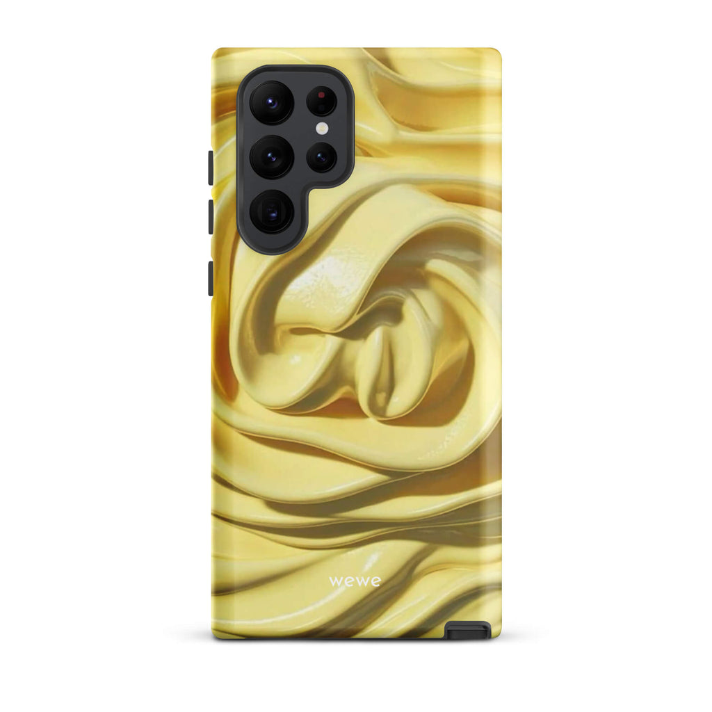 Custom samsung galaxy s22 ultra with a close-up photo of a textured, glossy yellow frosting or thick cream with deep swirls and ridges.