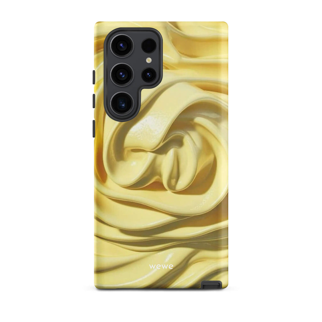 Custom samsung galaxy s23 ultra with a close-up photo of a textured, glossy yellow frosting or thick cream with deep swirls and ridges.