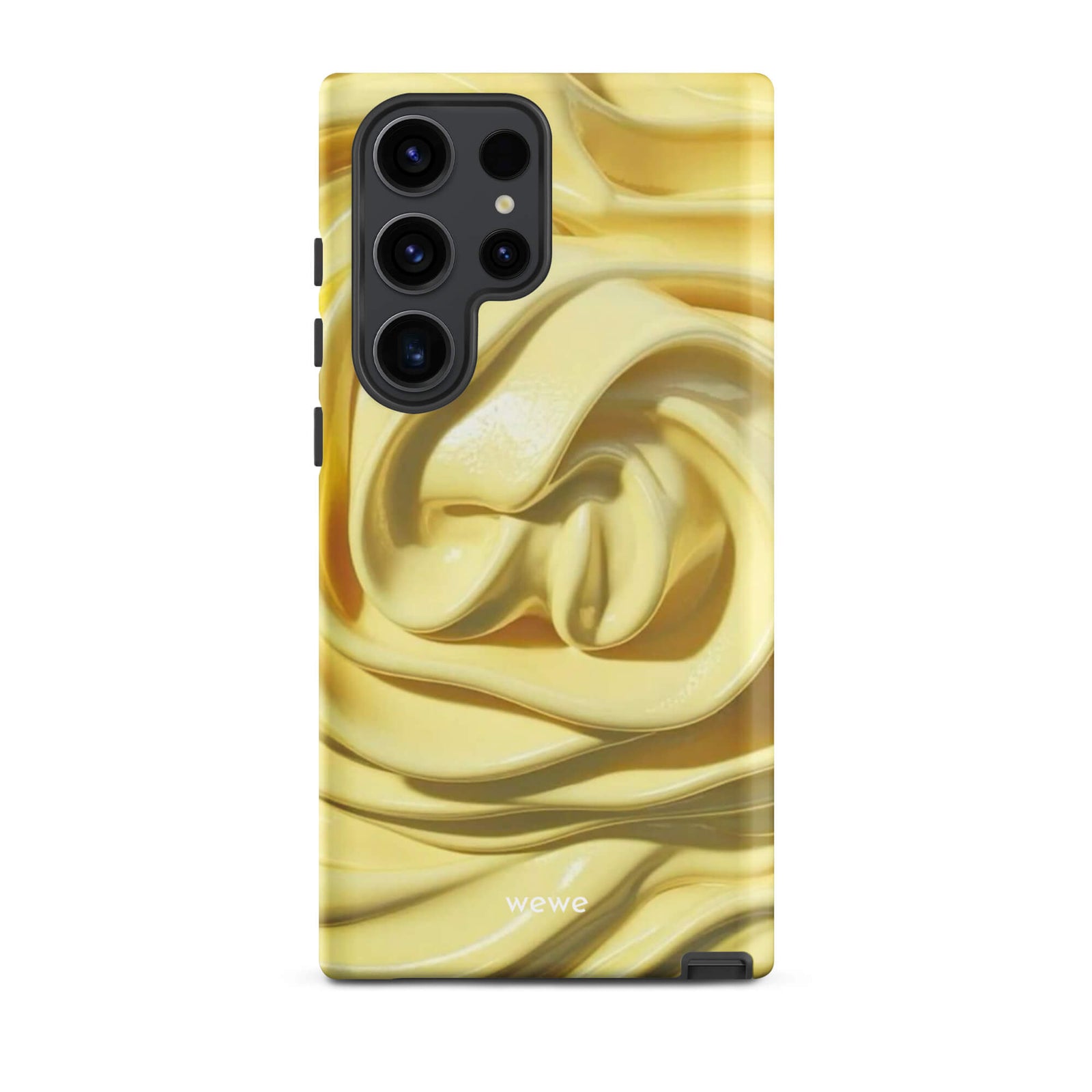 Custom samsung galaxy s23 ultra with a close-up photo of a textured, glossy yellow frosting or thick cream with deep swirls and ridges.