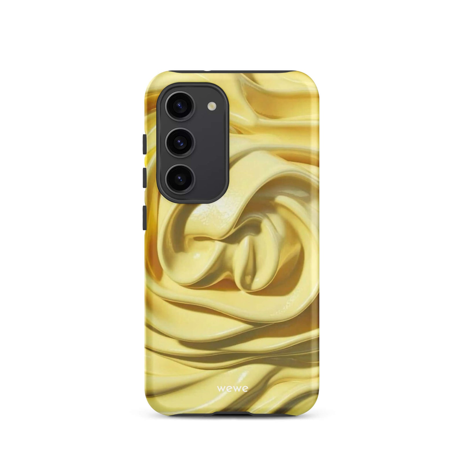 Custom samsung galaxy s23 with a close-up photo of a textured, glossy yellow frosting or thick cream with deep swirls and ridges.