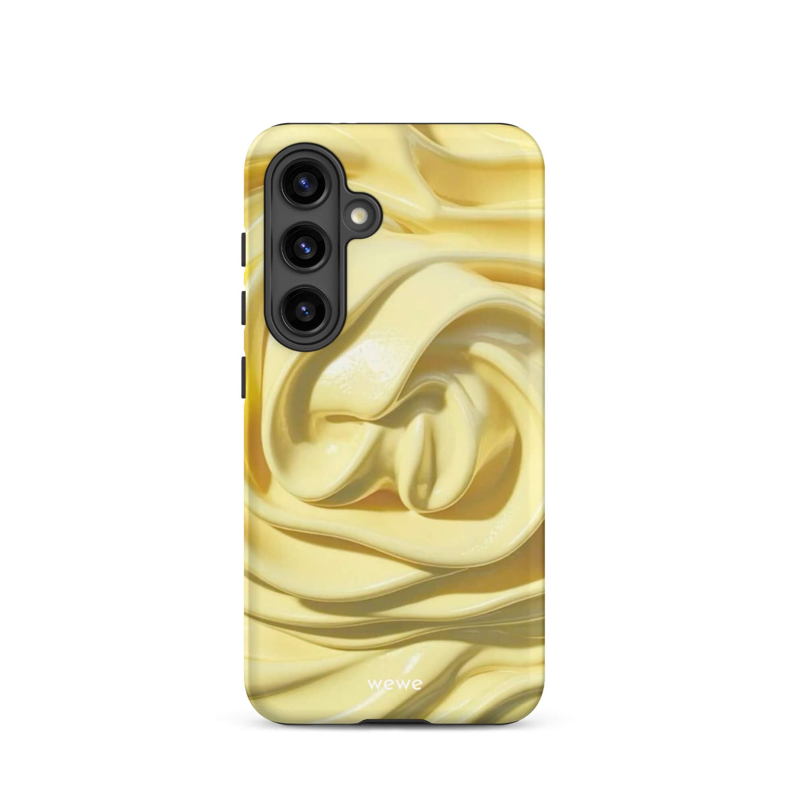 Custom samsung galaxy s24 with a close-up photo of a textured, glossy yellow frosting or thick cream with deep swirls and ridges.