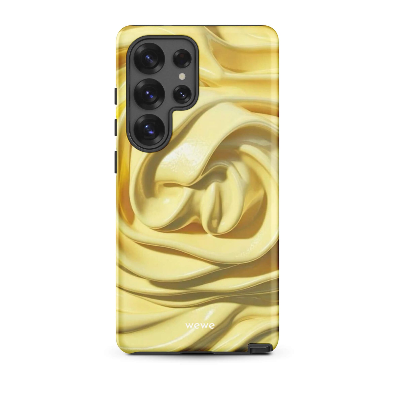 Custom samsung galaxy s25 ultra with a close-up photo of a textured, glossy yellow frosting or thick cream with deep swirls and ridges.