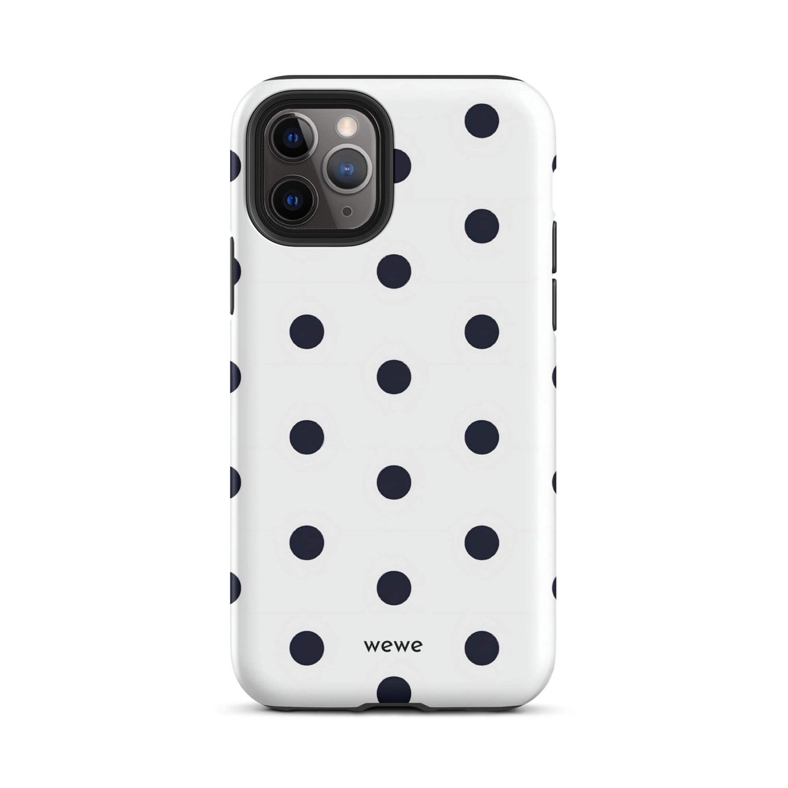 Custom iPhone case 11 pro with a clean white background and a classic pattern of large, black polka dots.