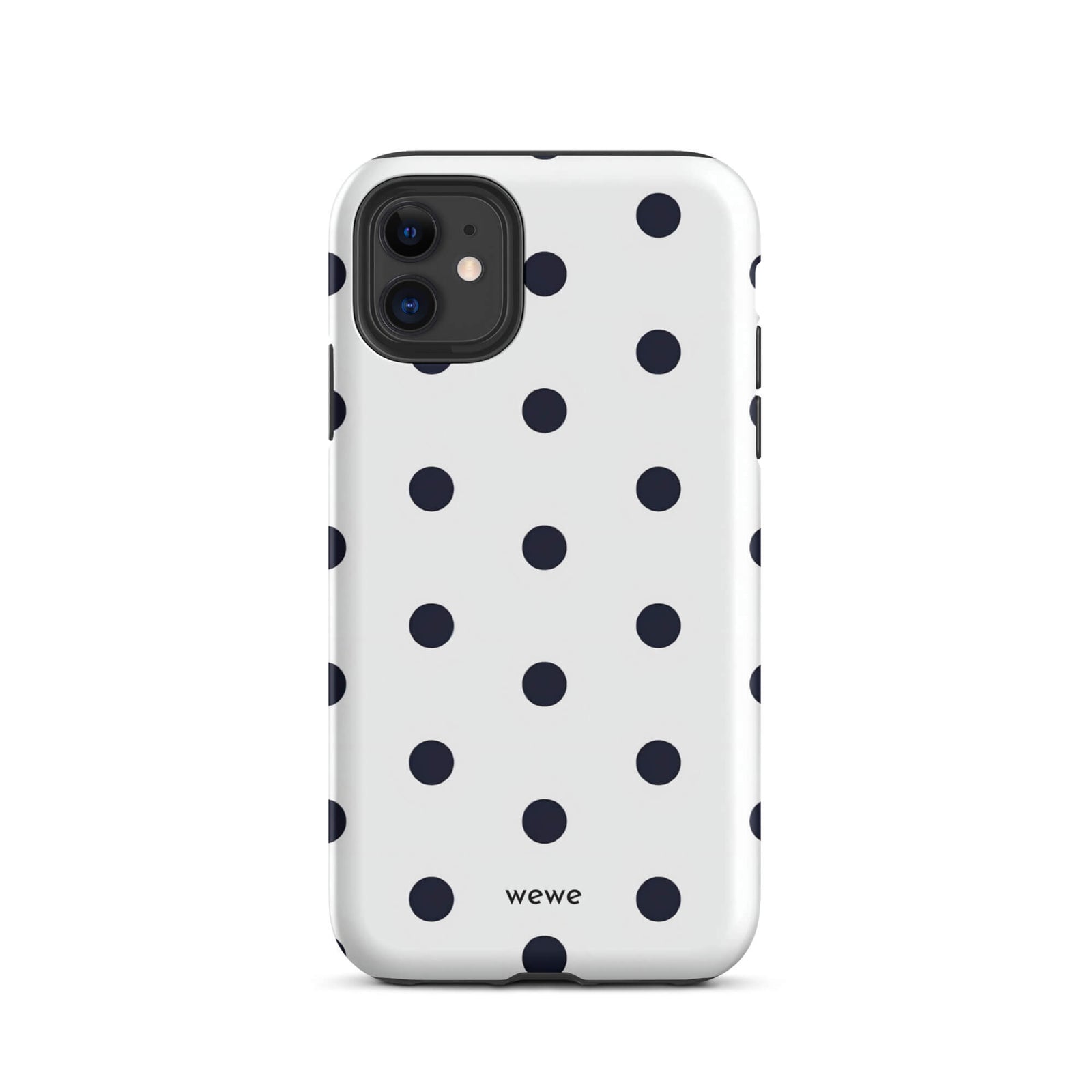 Custom iPhone case 11 with a clean white background and a classic pattern of large, black polka dots.