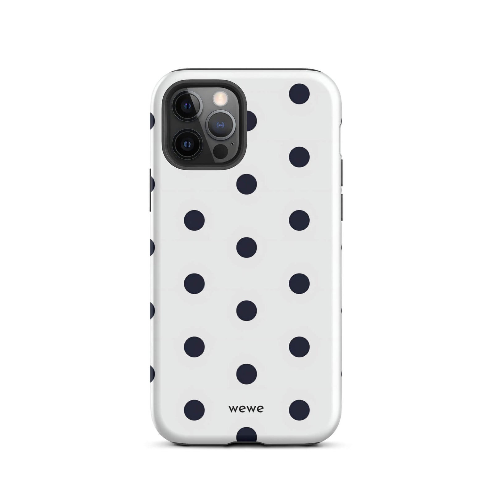Custom iPhone case 12 pro with a clean white background and a classic pattern of large, black polka dots.