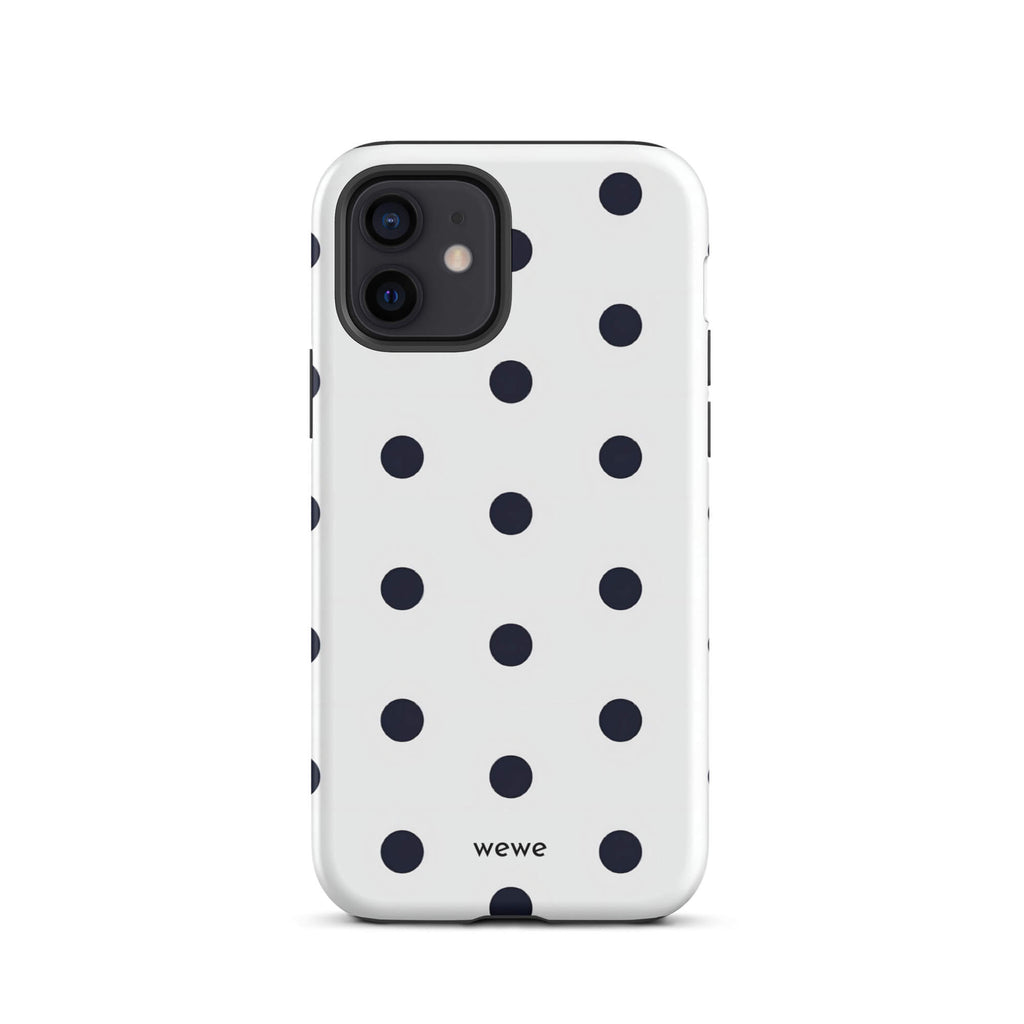 Custom iPhone case 12 with a clean white background and a classic pattern of large, black polka dots.