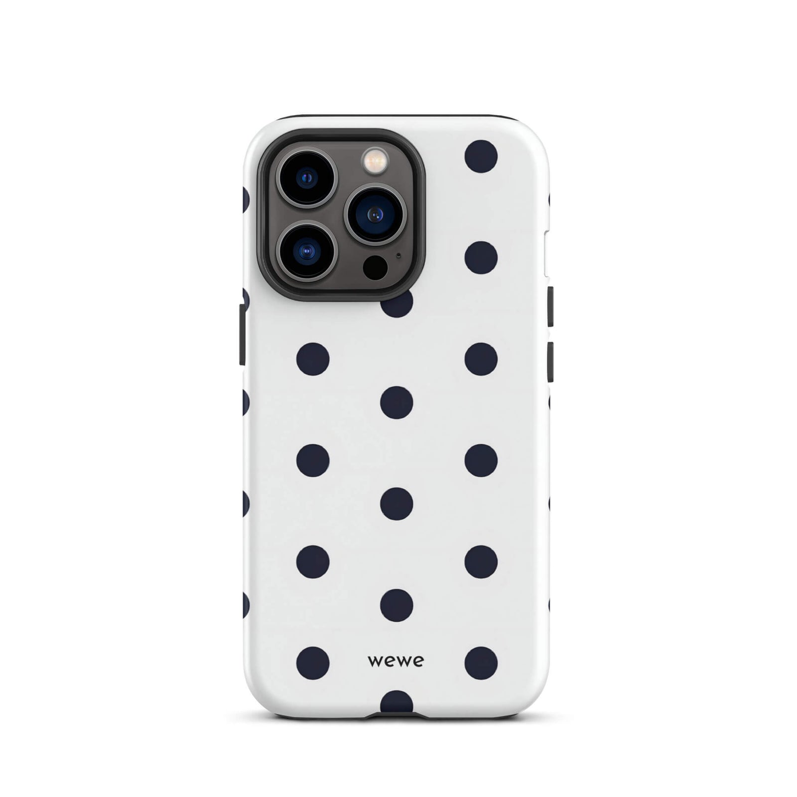 Custom iPhone case 13 pro with a clean white background and a classic pattern of large, black polka dots.