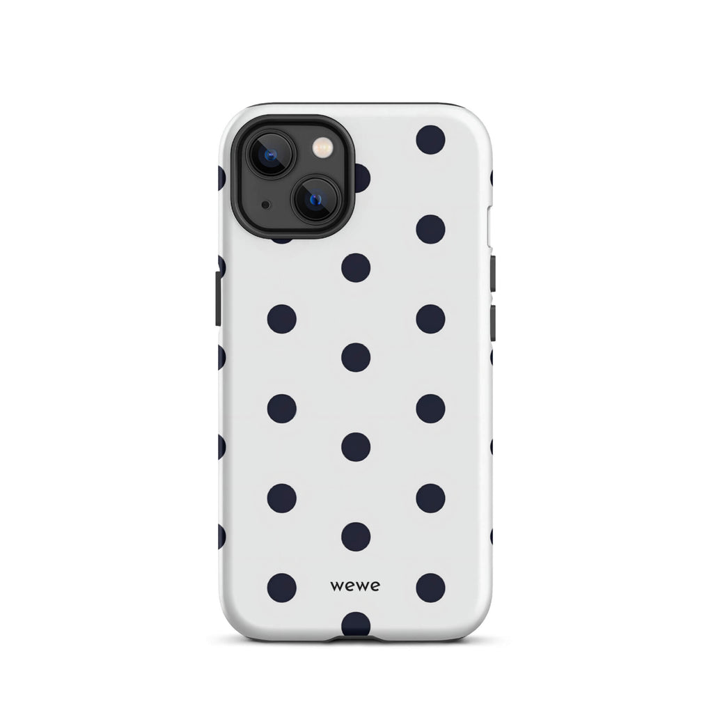 Custom iPhone case 13 with a clean white background and a classic pattern of large, black polka dots.