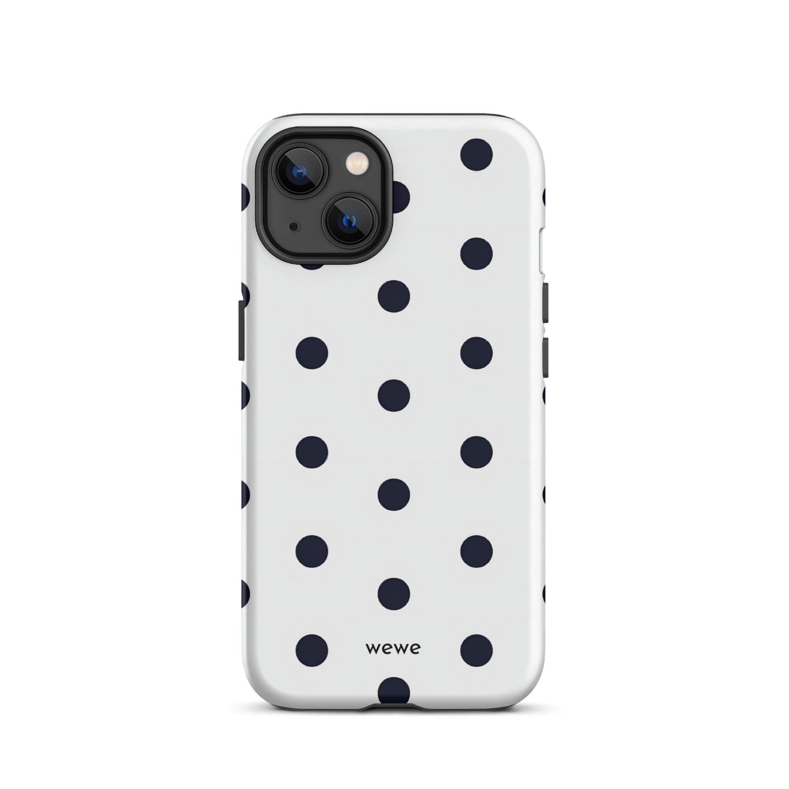 Custom iPhone case 13 with a clean white background and a classic pattern of large, black polka dots.