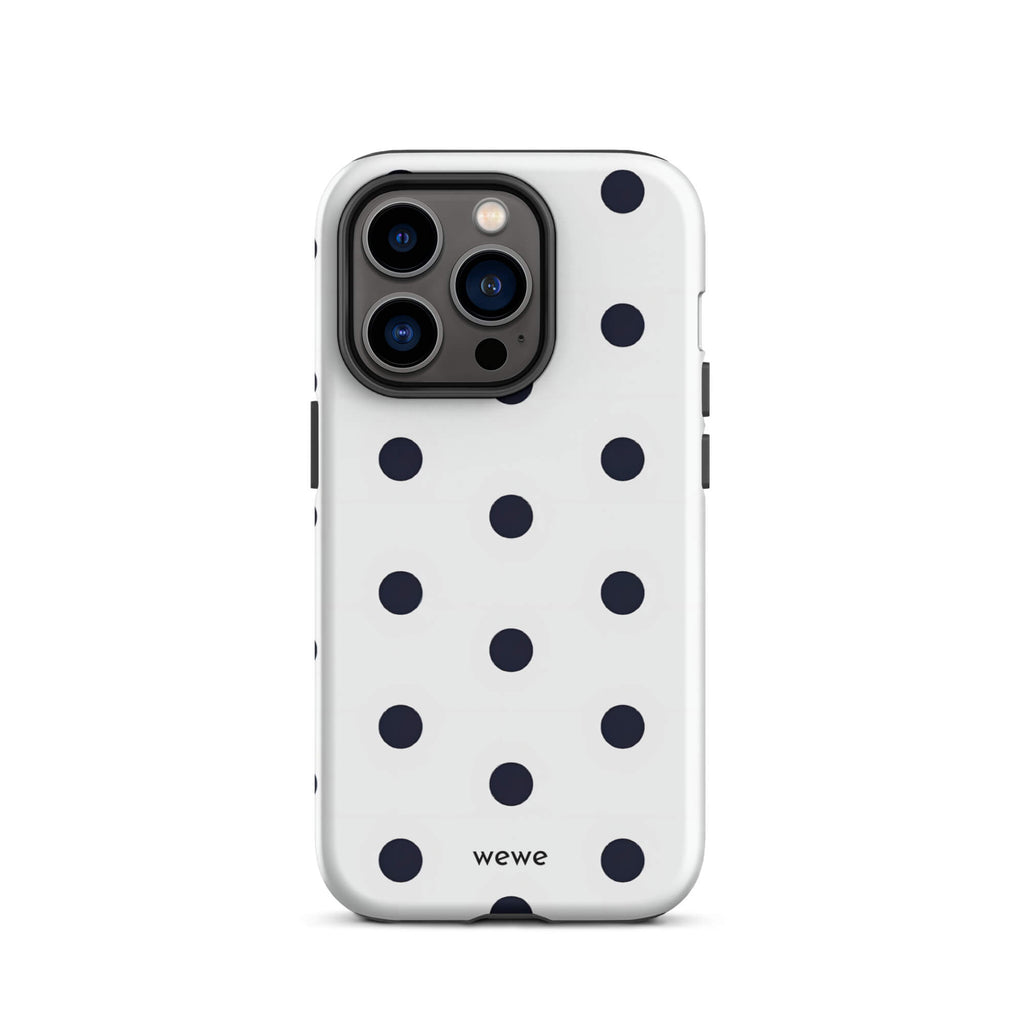 Custom iPhone case 14 pro with a clean white background and a classic pattern of large, black polka dots.