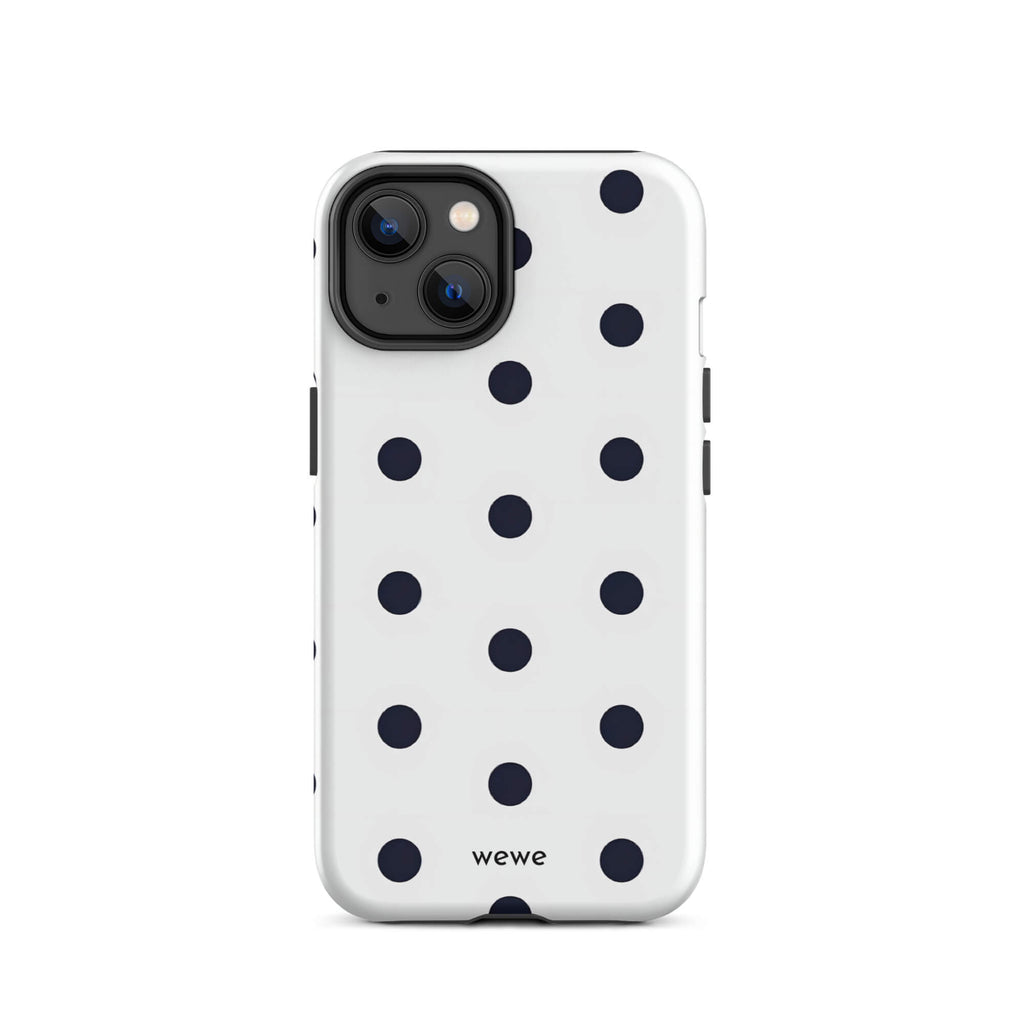 Custom iPhone case 14 with a clean white background and a classic pattern of large, black polka dots.