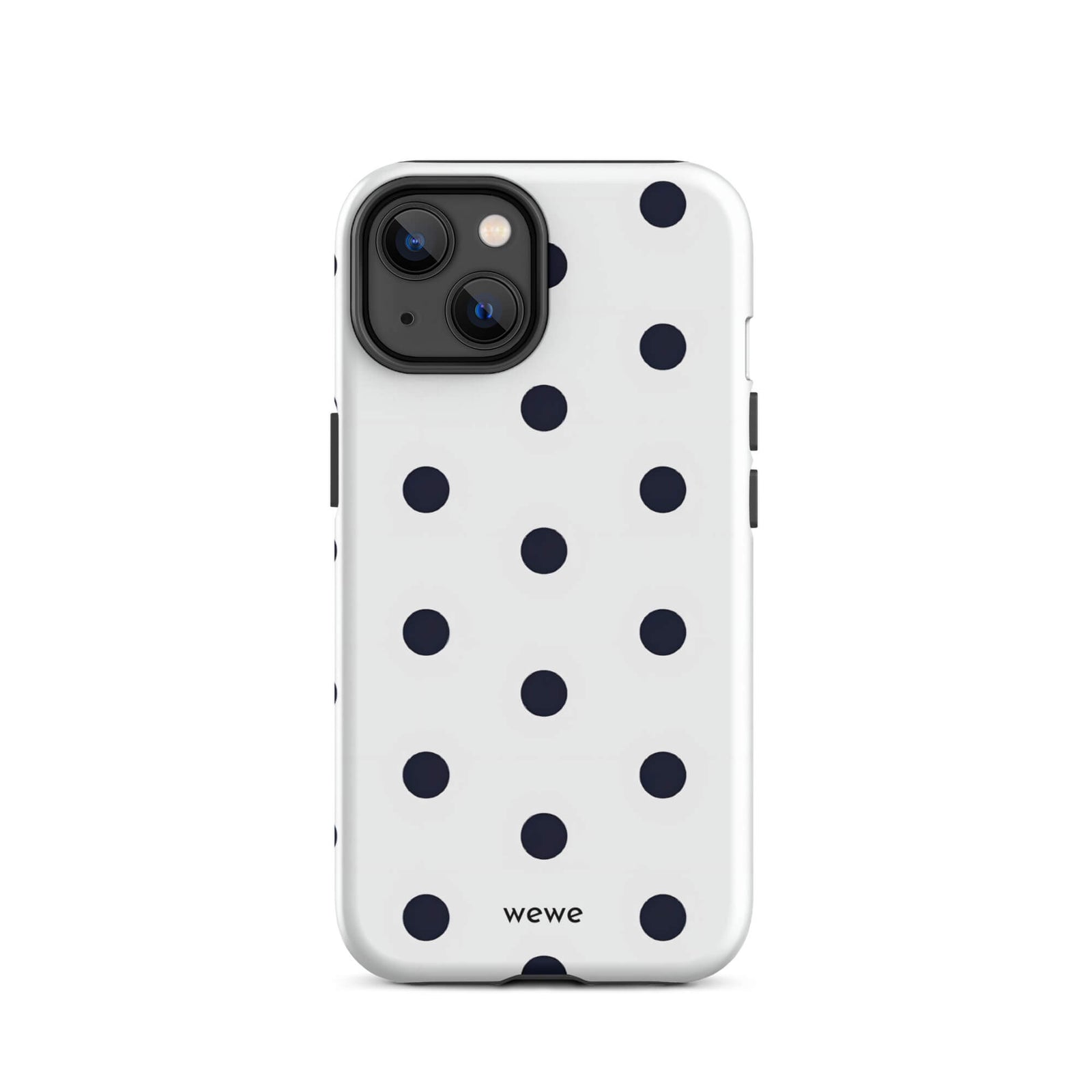 Custom iPhone case 14 with a clean white background and a classic pattern of large, black polka dots.