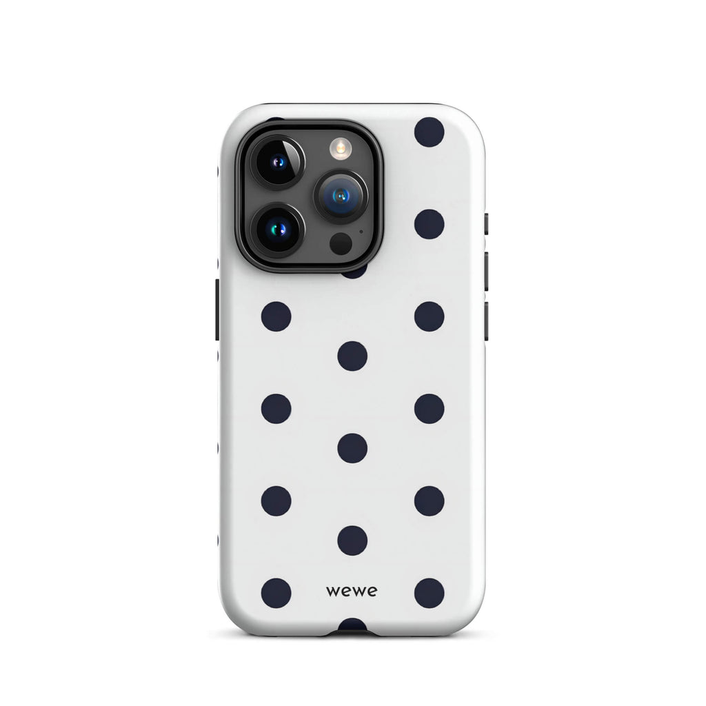 Custom iPhone case 15 pro with a clean white background and a classic pattern of large, black polka dots.