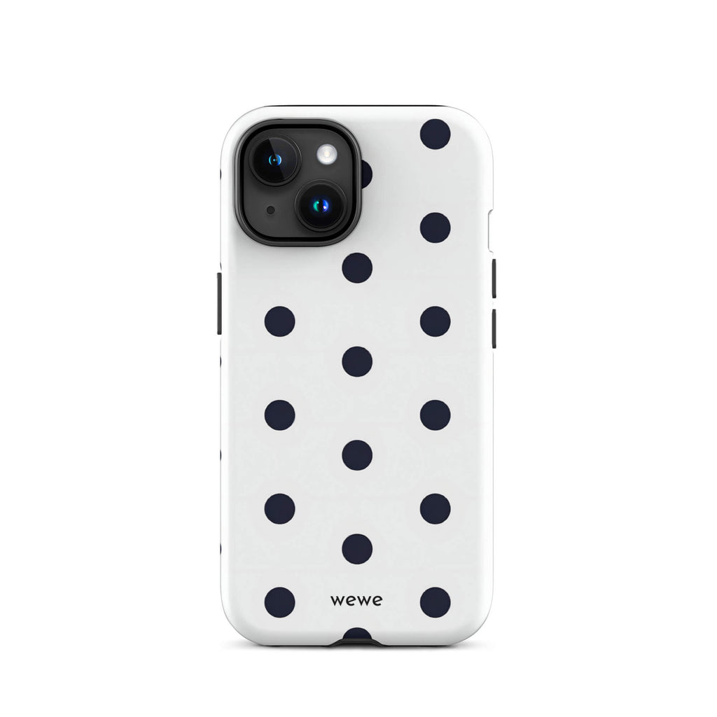 Custom iPhone case 15 with a clean white background and a classic pattern of large, black polka dots.
