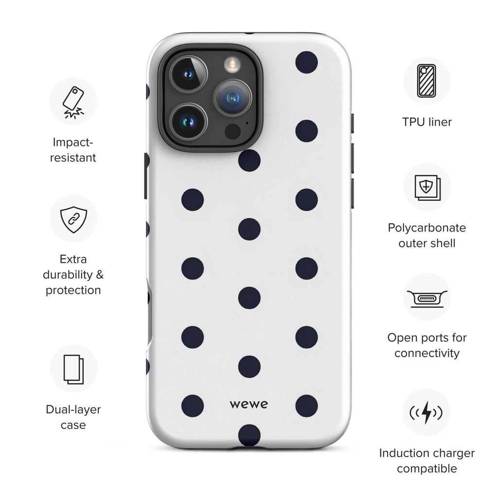 Custom black & white polka dot iphone case 16 pro max wireless charging compatible.