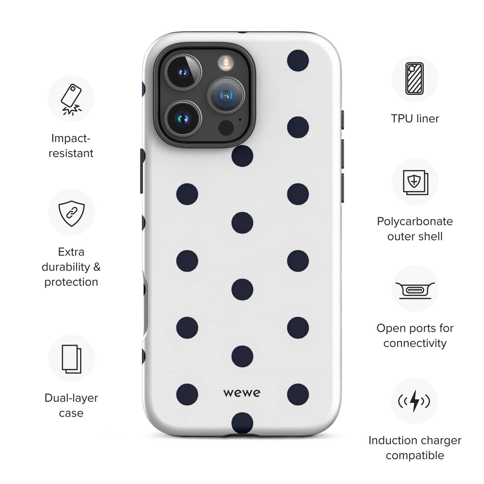 Custom black & white polka dot iphone case 16 pro max wireless charging compatible.