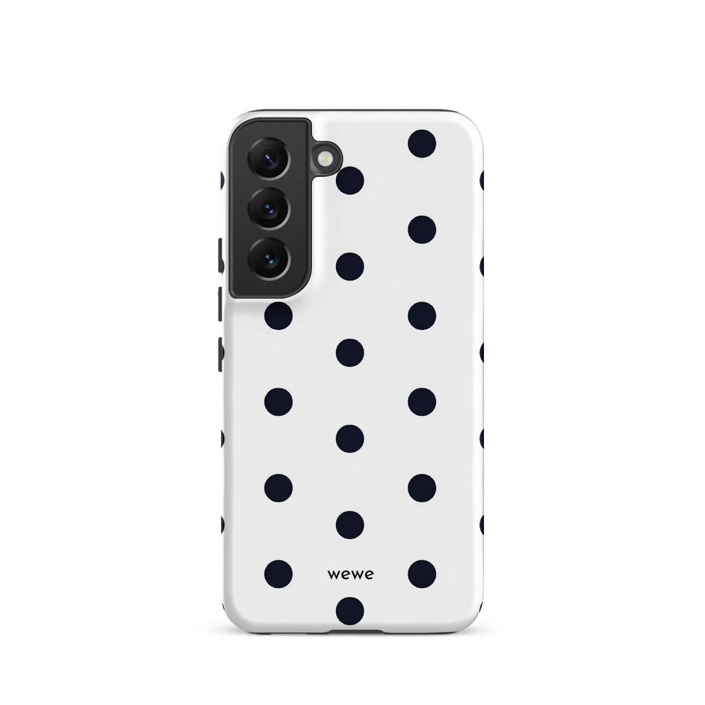 Custom samsung galaxy s22 Phone case with a clean white background and a classic pattern of large, black polka dots.