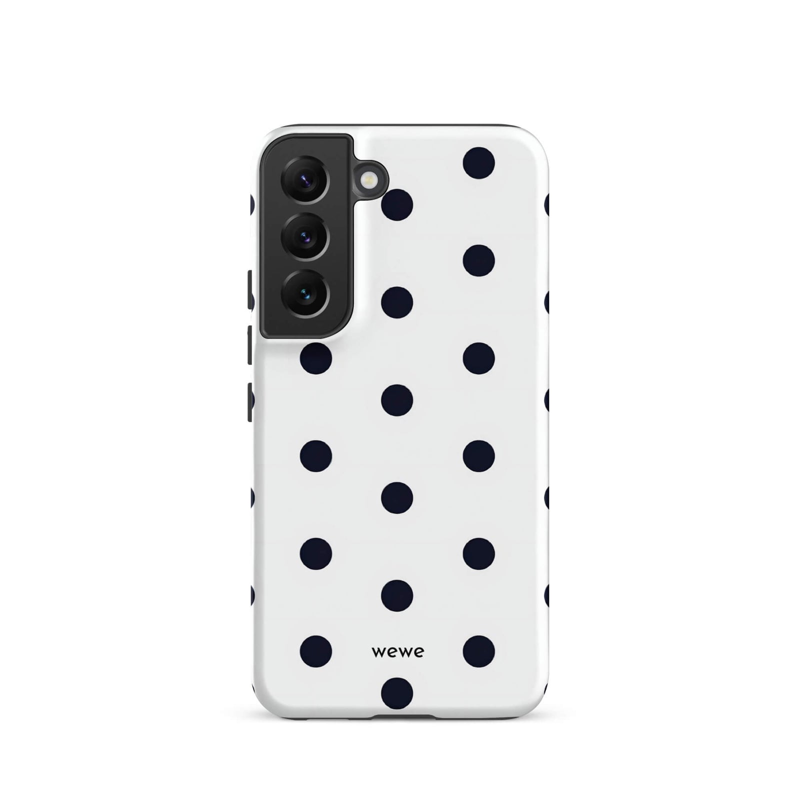 Custom samsung galaxy s22 Phone case with a clean white background and a classic pattern of large, black polka dots.