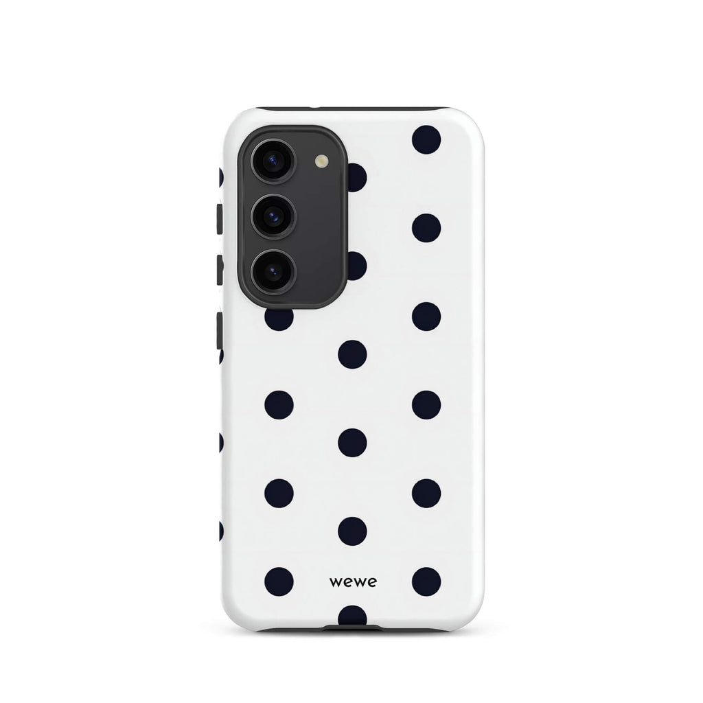 Custom samsung galaxy s23 Phone case with a clean white background and a classic pattern of large, black polka dots.