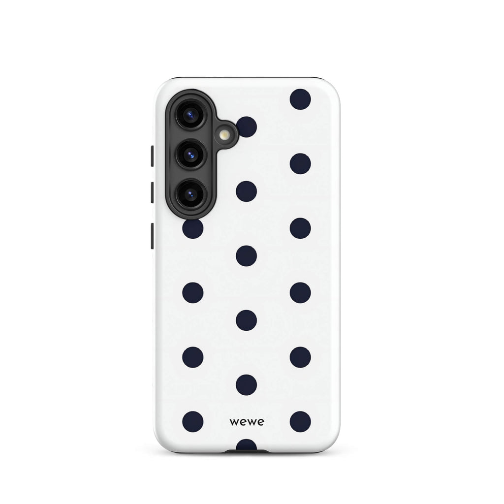 Custom samsung galaxy s24 Phone case with a clean white background and a classic pattern of large, black polka dots.