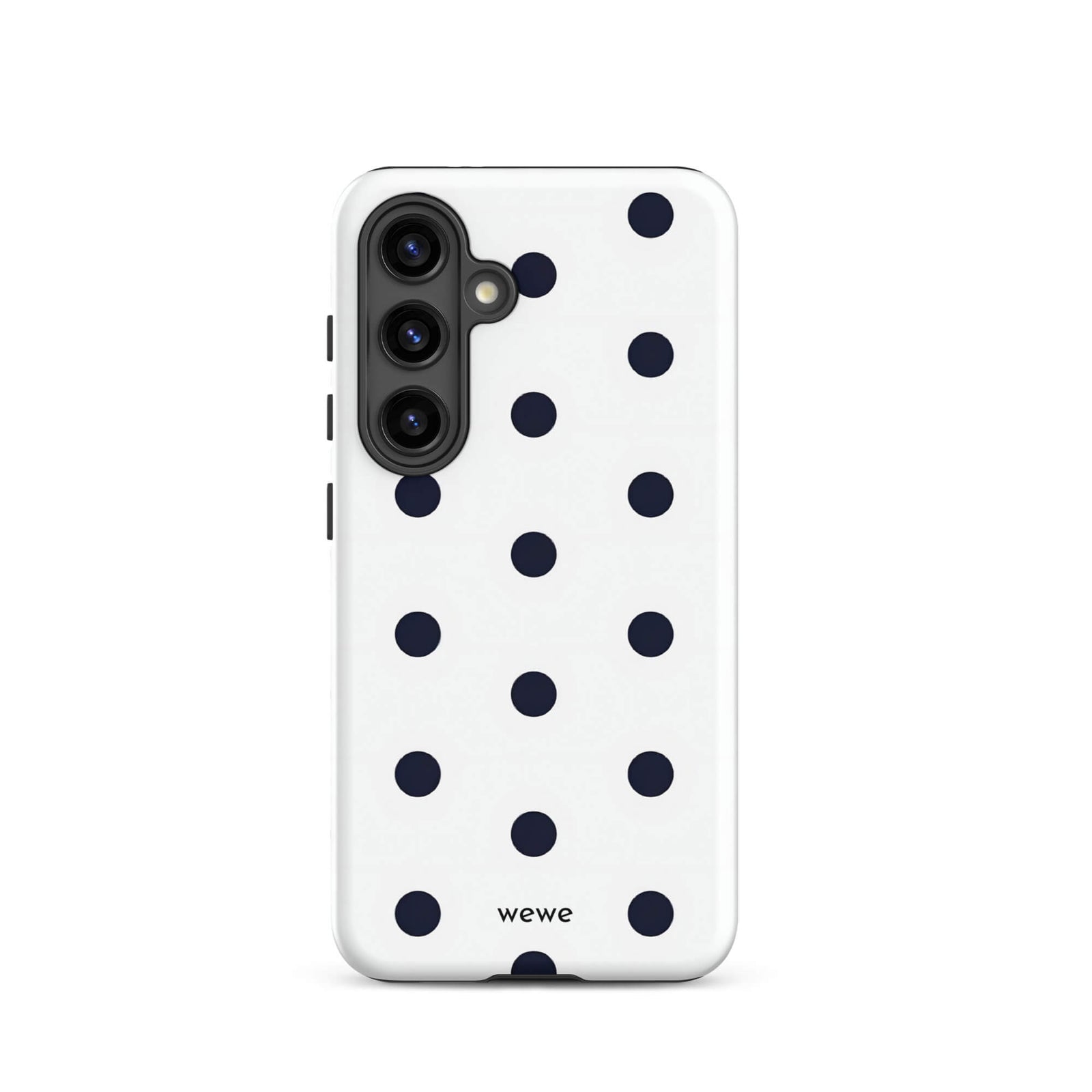 Custom samsung galaxy s24 Phone case with a clean white background and a classic pattern of large, black polka dots.