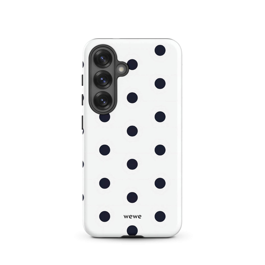 Custom samsung galaxy s25 Phone case with a clean white background and a classic pattern of large, black polka dots.