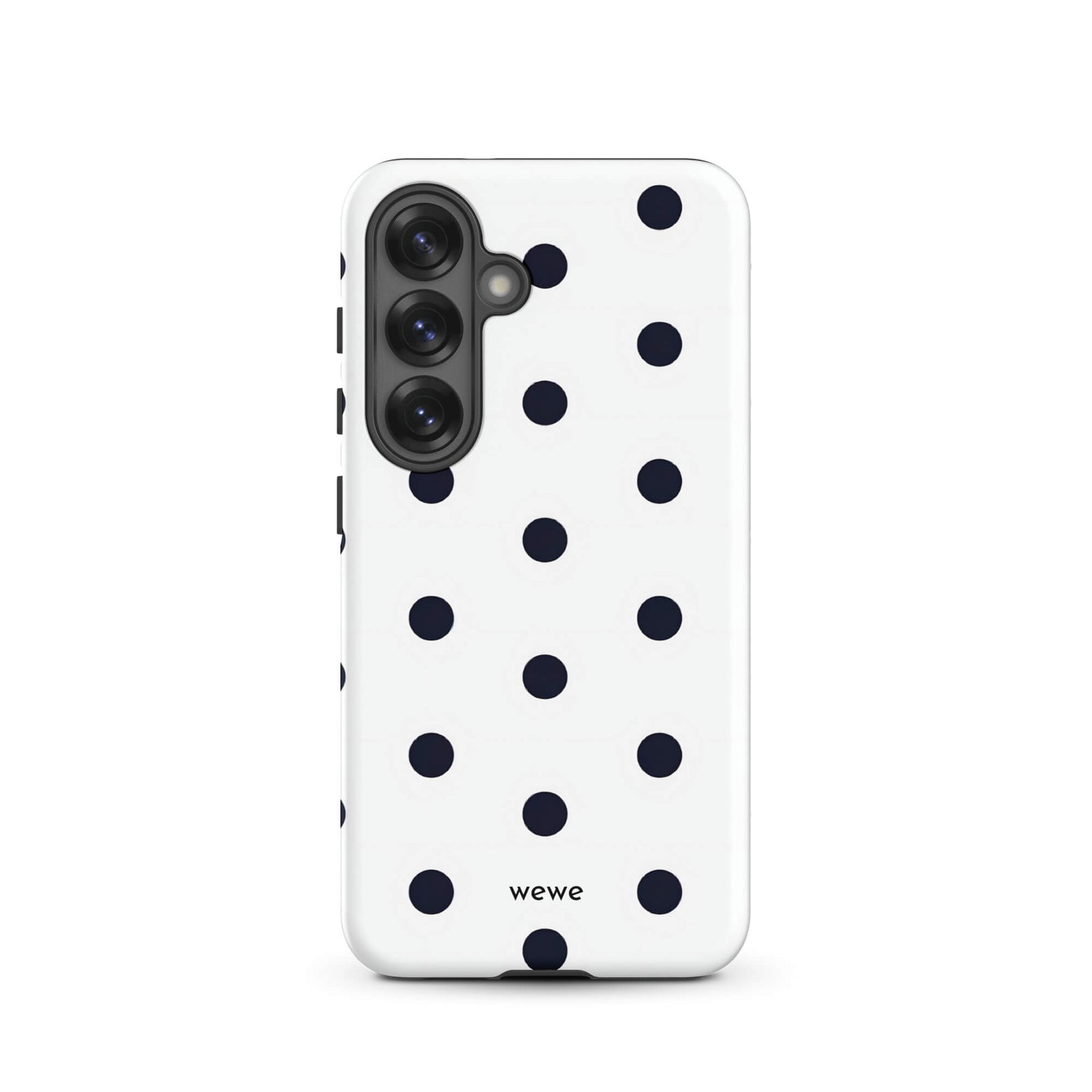 Custom samsung galaxy s25 Phone case with a clean white background and a classic pattern of large, black polka dots.