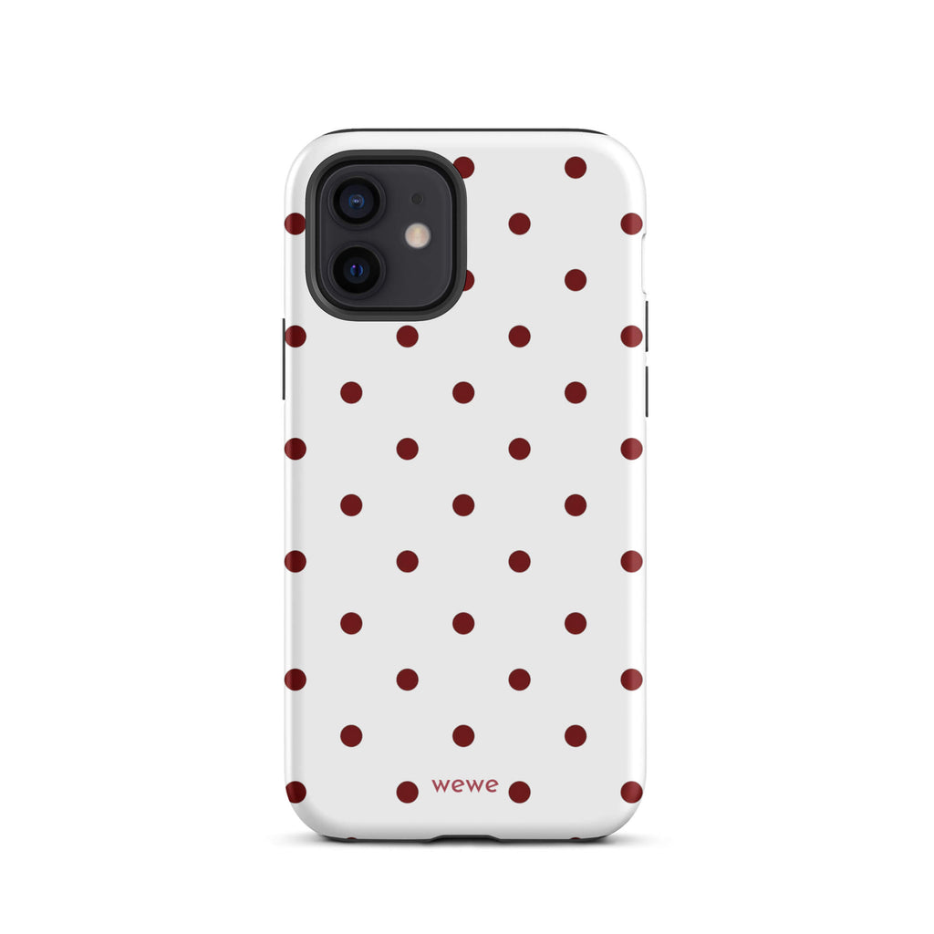 Custom iPhone case 12 with a  clean white background and a classic pattern of small, maroon red polka dots.
