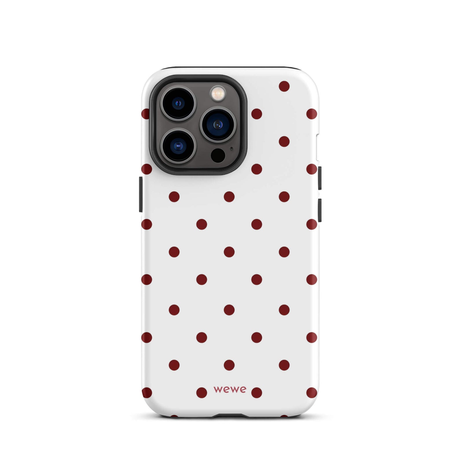 Custom iPhone case 13 pro with a  clean white background and a classic pattern of small, maroon red polka dots.