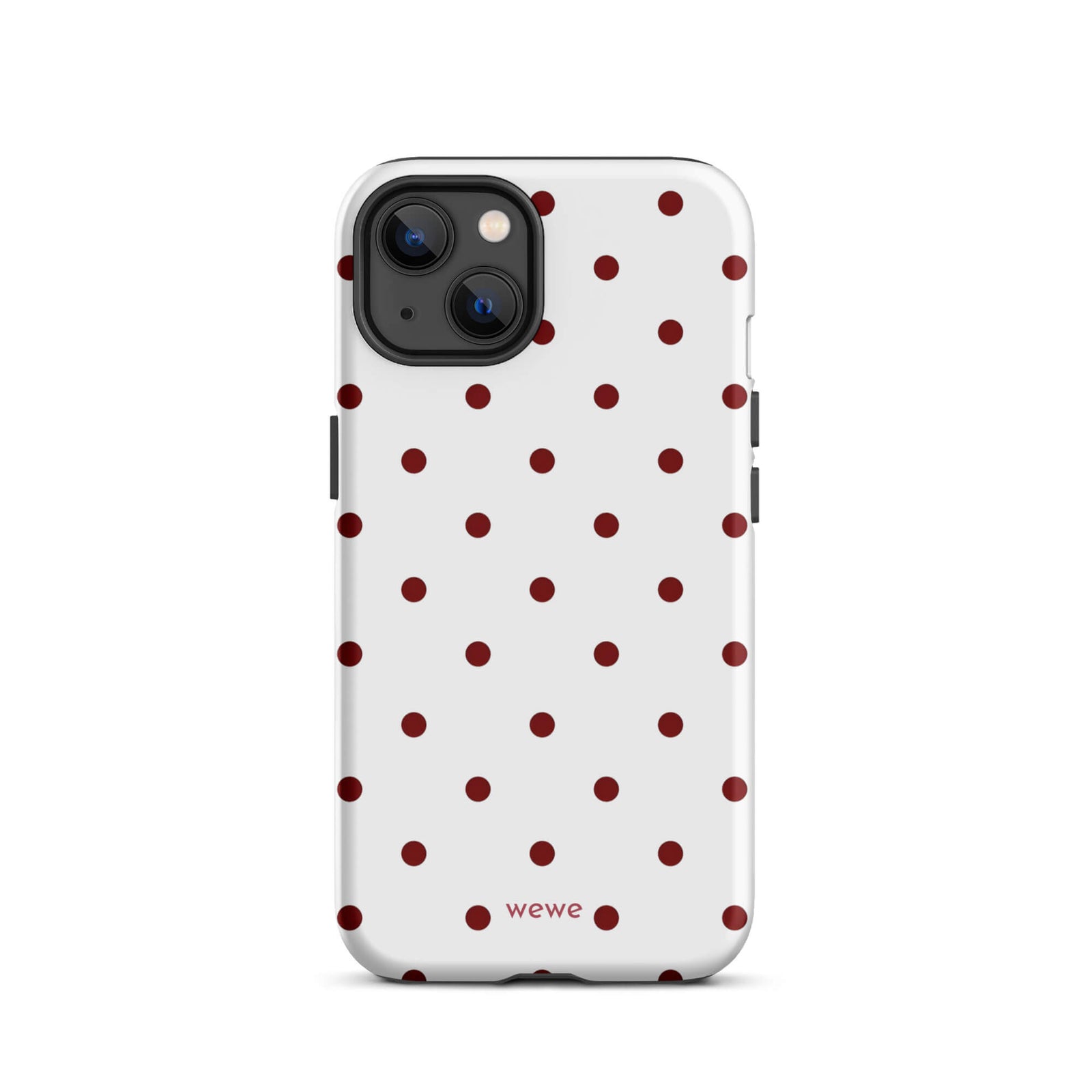 Custom iPhone case 13 with a  clean white background and a classic pattern of small, maroon red polka dots.