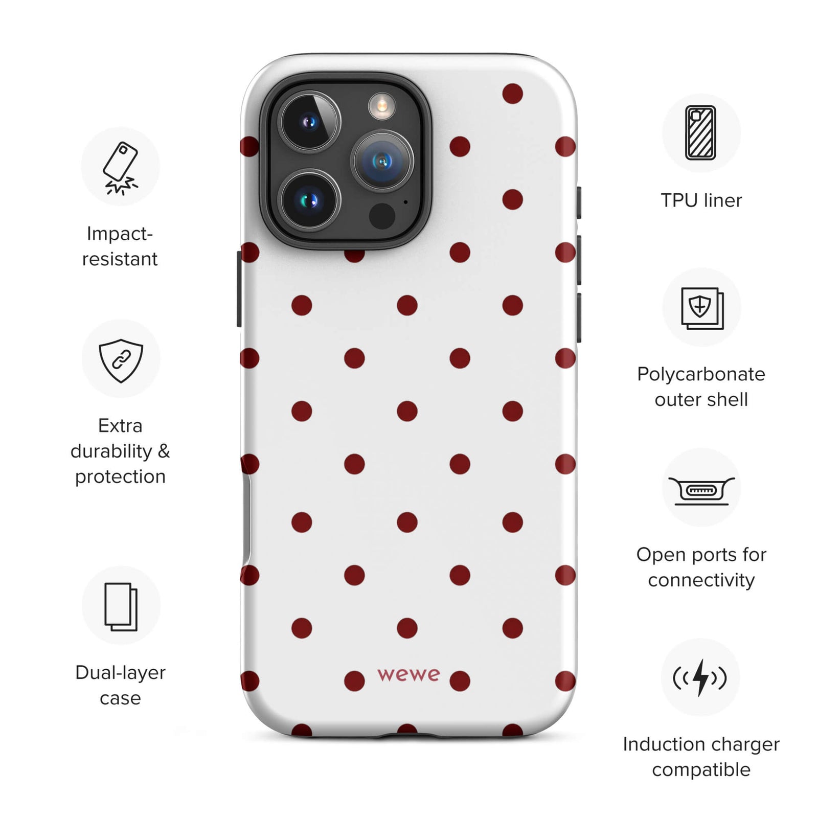 Custom red polka dot iphone case 16 pro max wireless charging compatible.