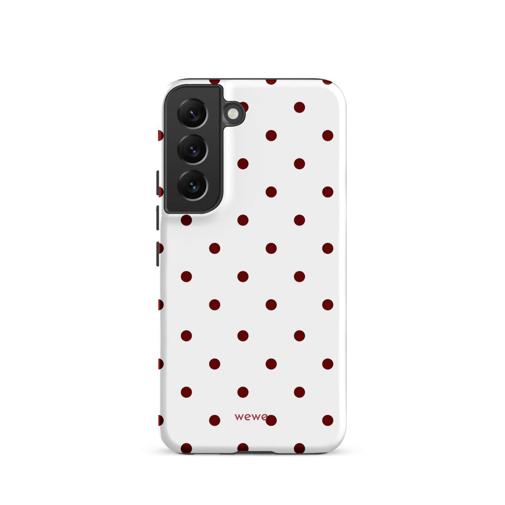 Custom samsung galaxy s22 Phone case with a  clean white background and a classic pattern of small, maroon red polka dots.