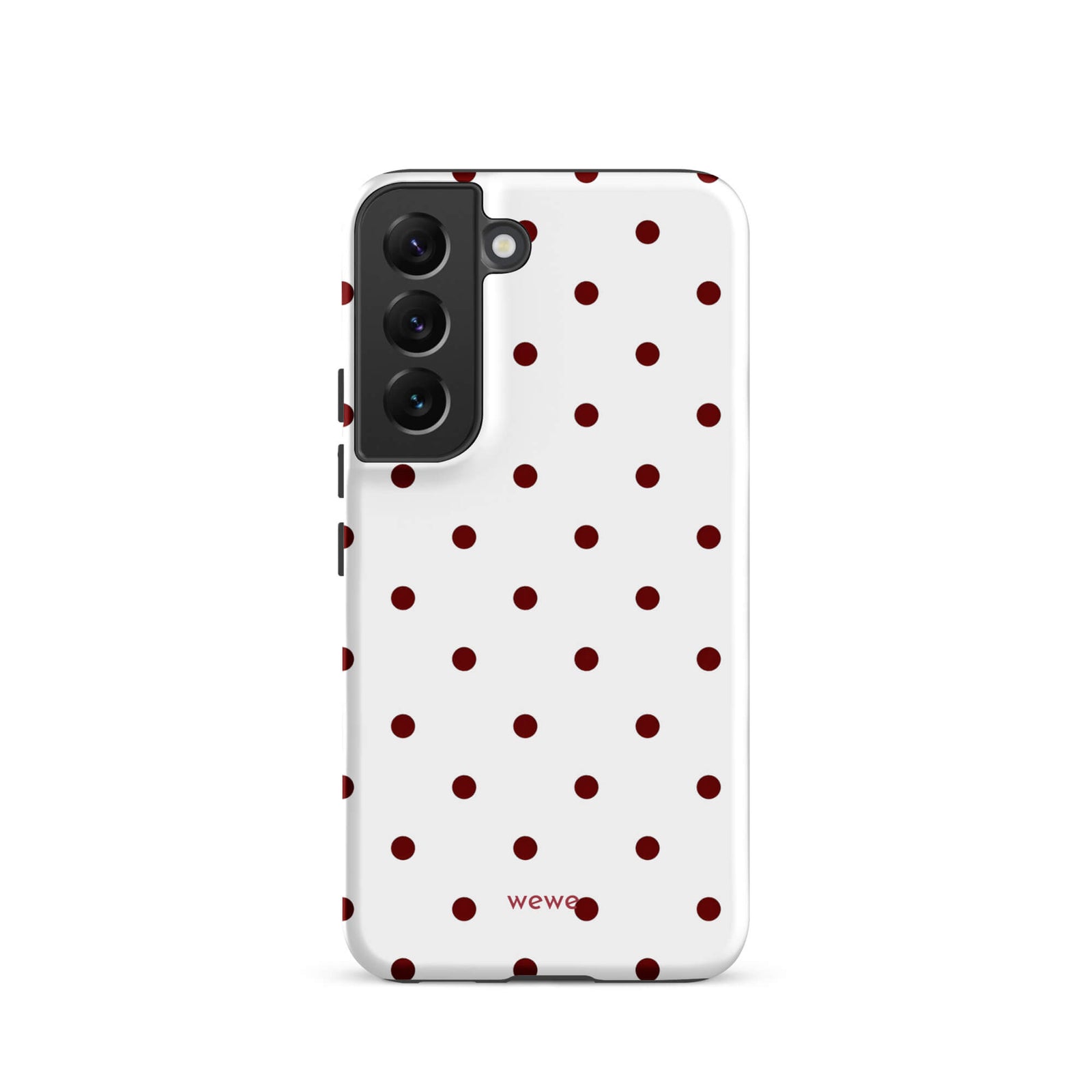 Custom samsung galaxy s22 Phone case with a  clean white background and a classic pattern of small, maroon red polka dots.