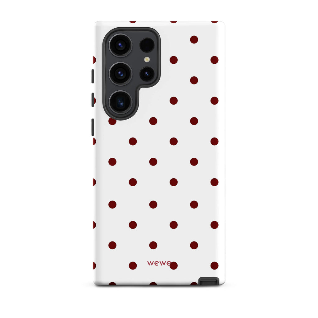 Custom samsung galaxy s23 ultra Phone case with a  clean white background and a classic pattern of small, maroon red polka dots.