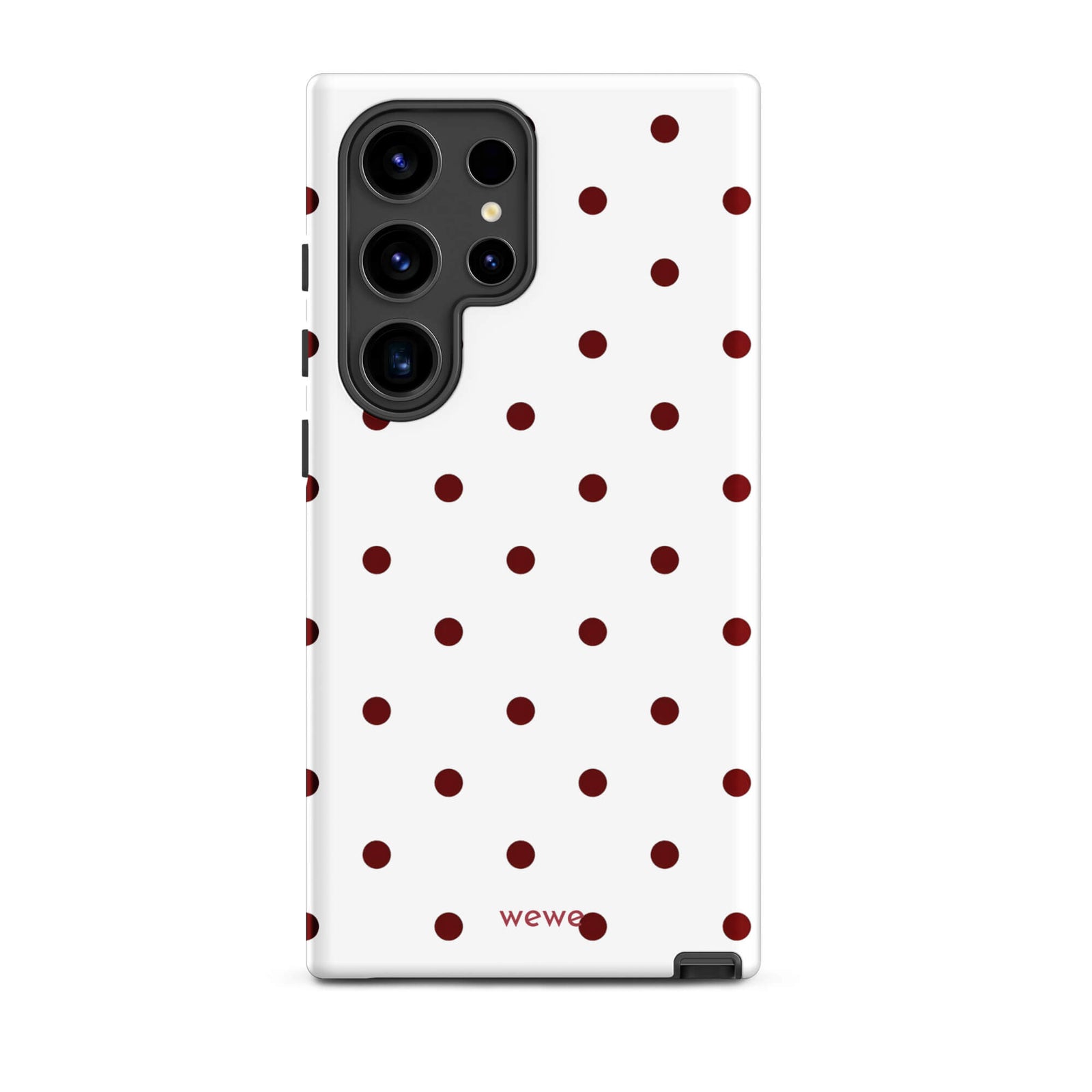 Custom samsung galaxy s24 ultra Phone case with a  clean white background and a classic pattern of small, maroon red polka dots.