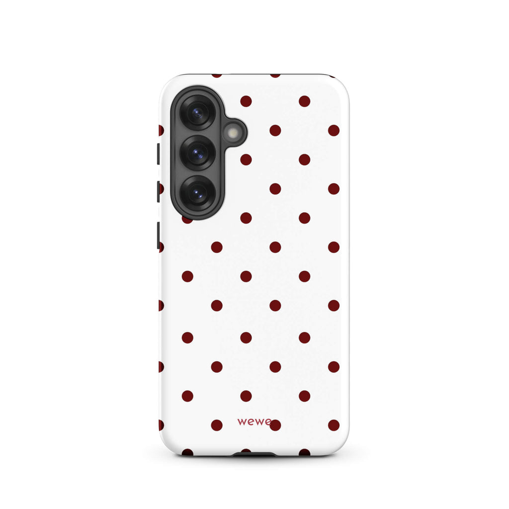 Custom samsung galaxy s25 Phone case with a  clean white background and a classic pattern of small, maroon red polka dots.