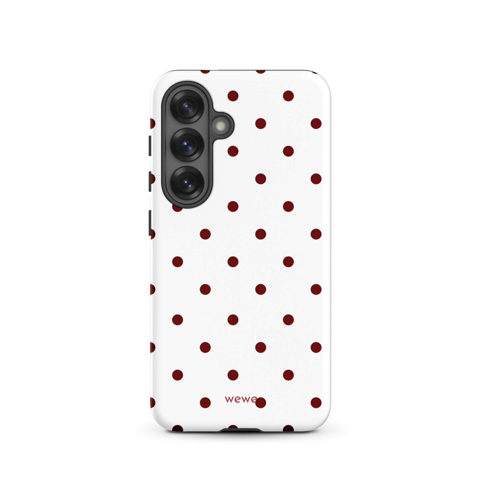 Custom samsung galaxy s25 Phone case with a  clean white background and a classic pattern of small, maroon red polka dots.