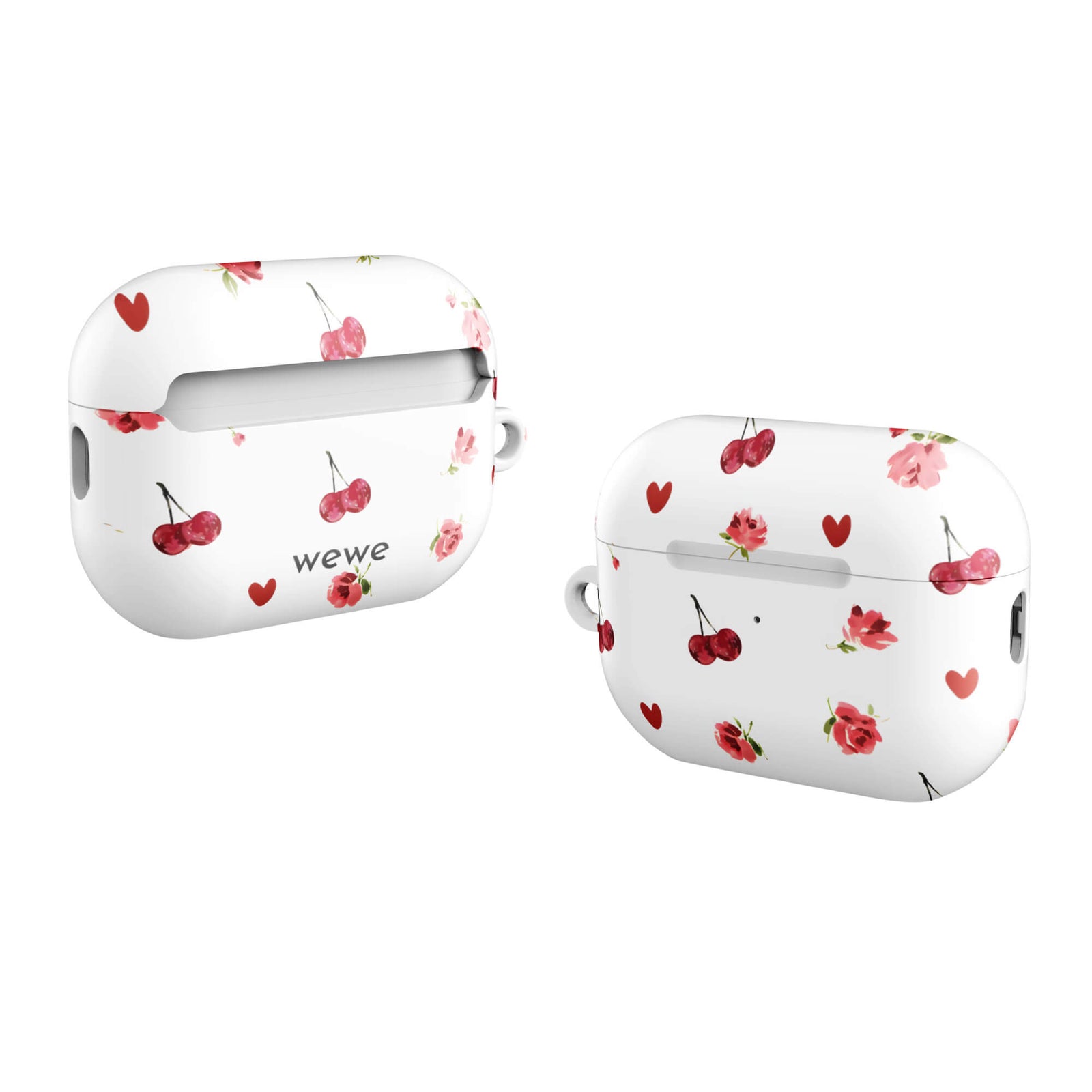 Custom AirPods case pro gen2 with a cute and whimsical pattern of watercolor roses, hearts, and cherries on a white background.
