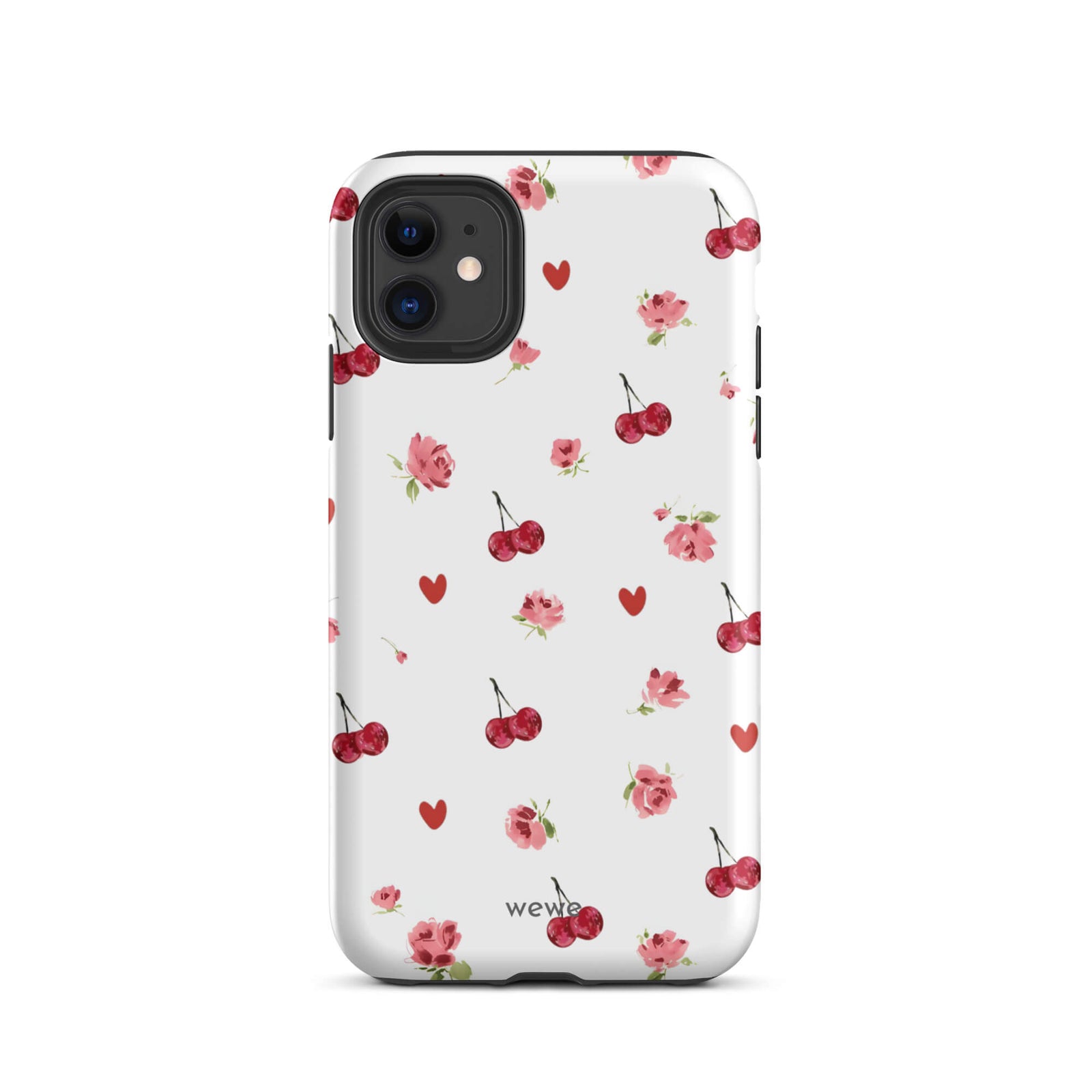Custom iPhone case 11 with a cute and whimsical pattern of watercolor roses, hearts, and cherries on a white background.
