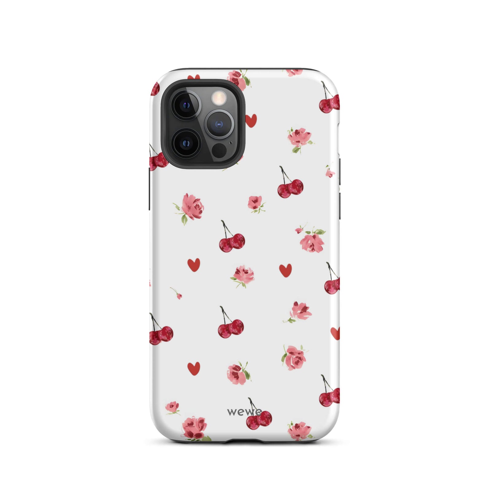 Custom iPhone case 12 pro with a cute and whimsical pattern of watercolor roses, hearts, and cherries on a white background.