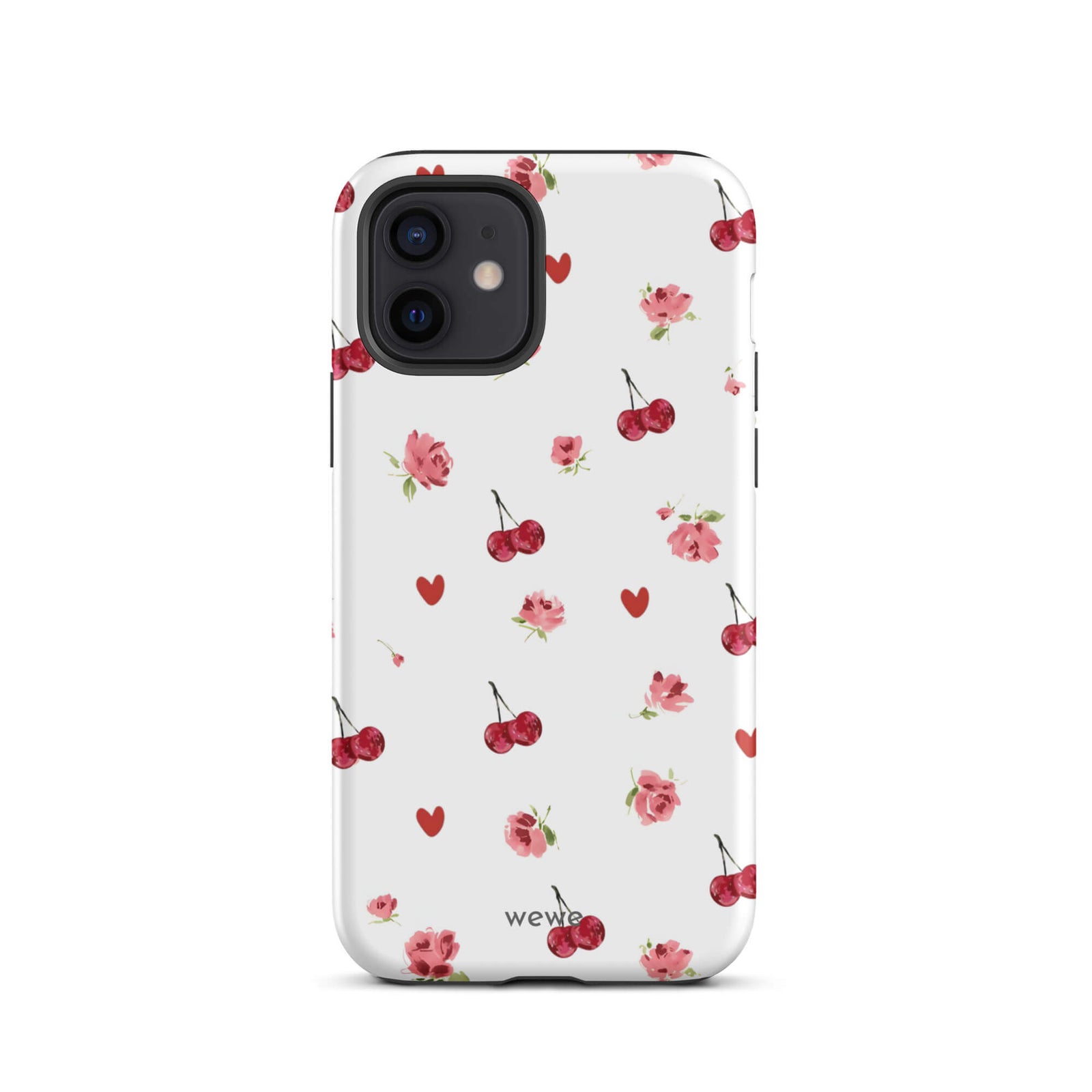 Custom iPhone case 12 with a cute and whimsical pattern of watercolor roses, hearts, and cherries on a white background.