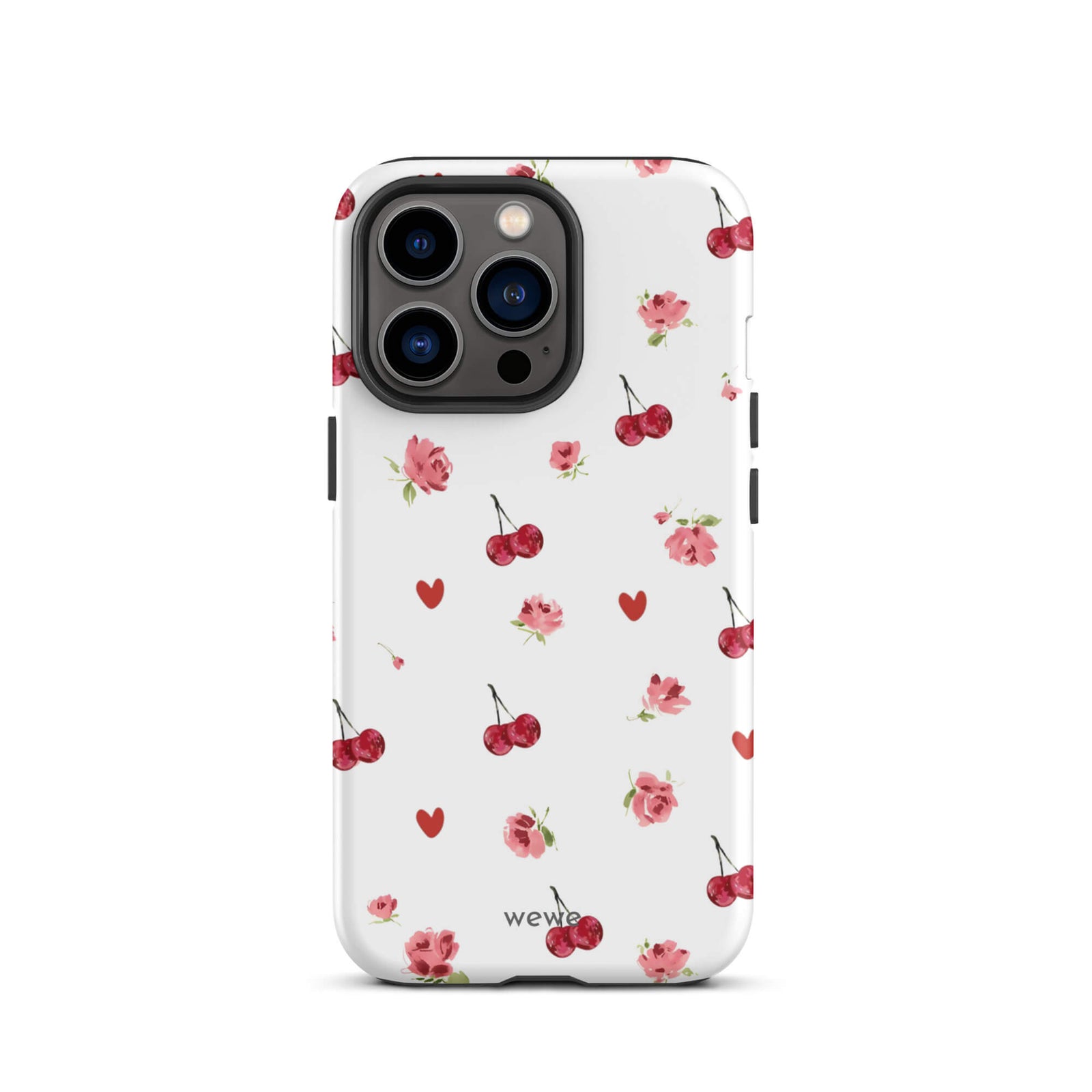 Custom iPhone case 13 pro with a cute and whimsical pattern of watercolor roses, hearts, and cherries on a white background.