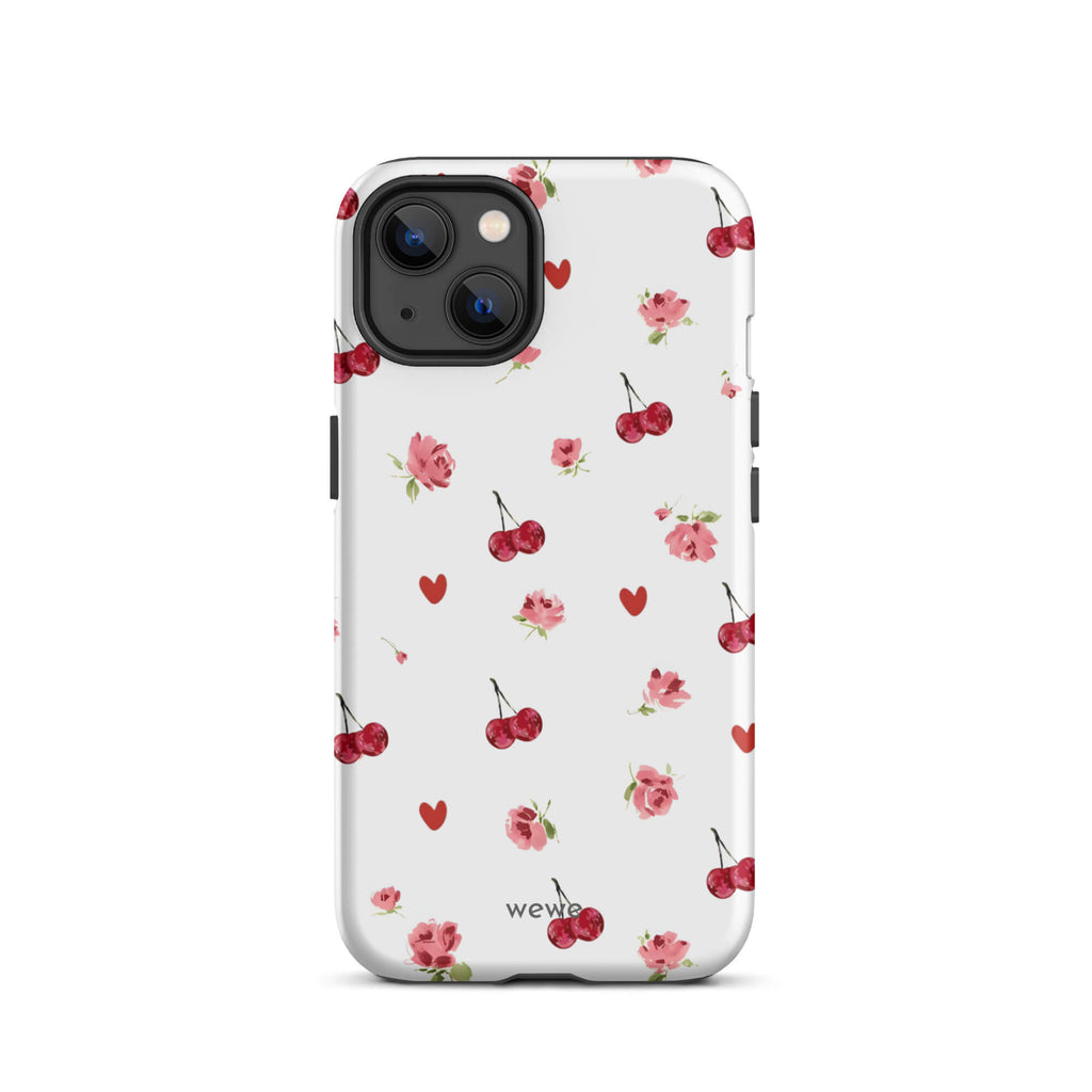 Custom iPhone case 13 with a cute and whimsical pattern of watercolor roses, hearts, and cherries on a white background.