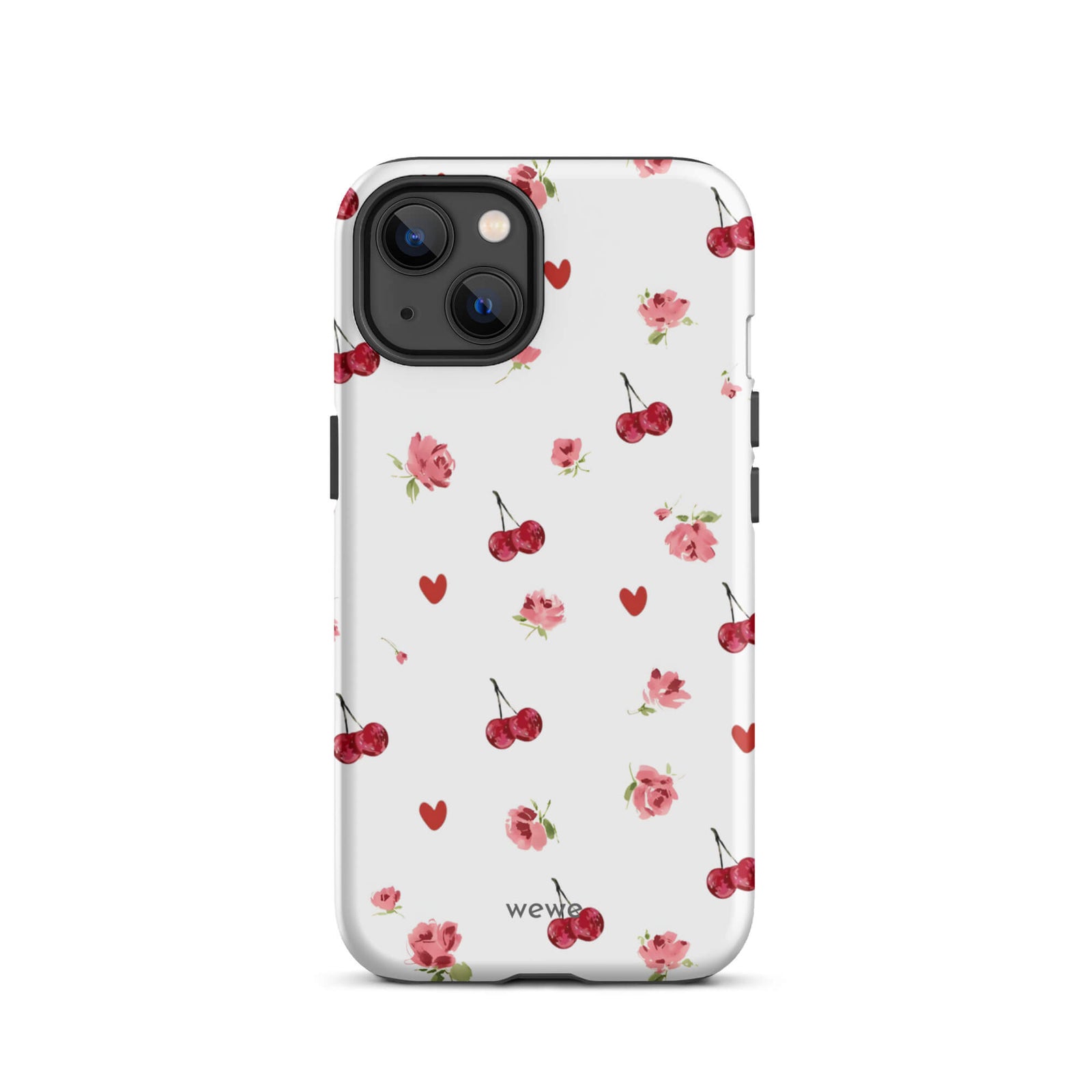 Custom iPhone case 13 with a cute and whimsical pattern of watercolor roses, hearts, and cherries on a white background.