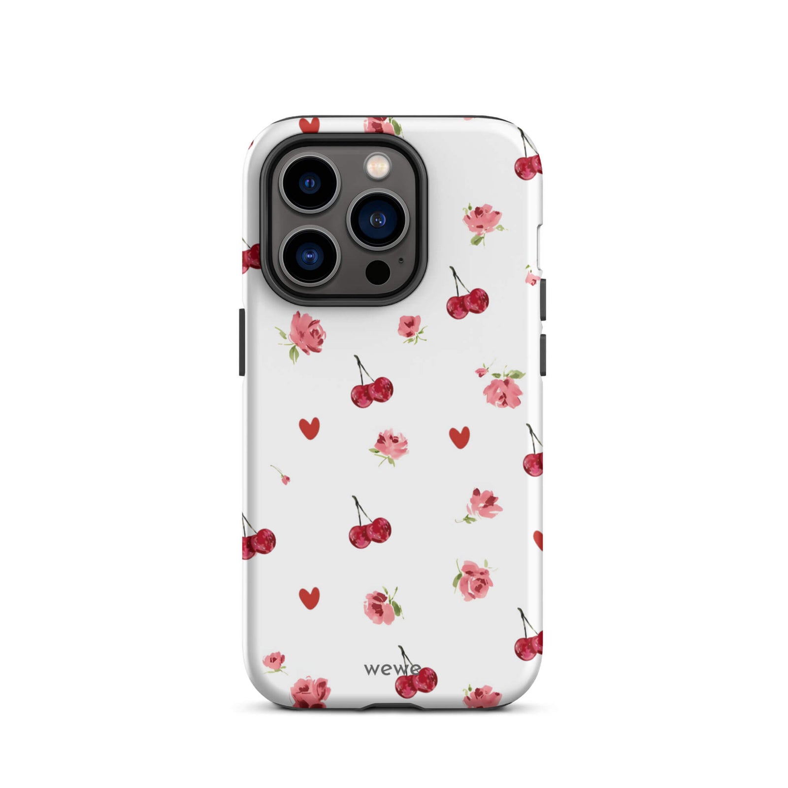 Custom iPhone case 14 pro with a cute and whimsical pattern of watercolor roses, hearts, and cherries on a white background.
