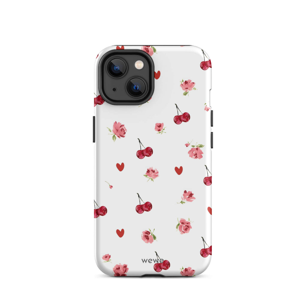 Custom iPhone case 14 with a cute and whimsical pattern of watercolor roses, hearts, and cherries on a white background.