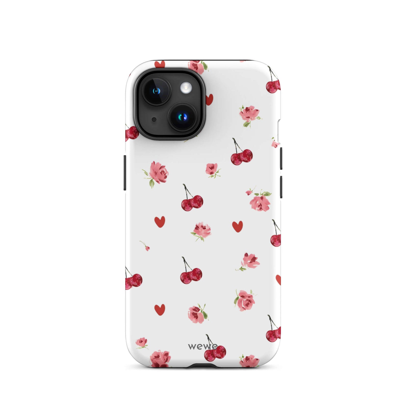 Custom iPhone case 15 with a cute and whimsical pattern of watercolor roses, hearts, and cherries on a white background.