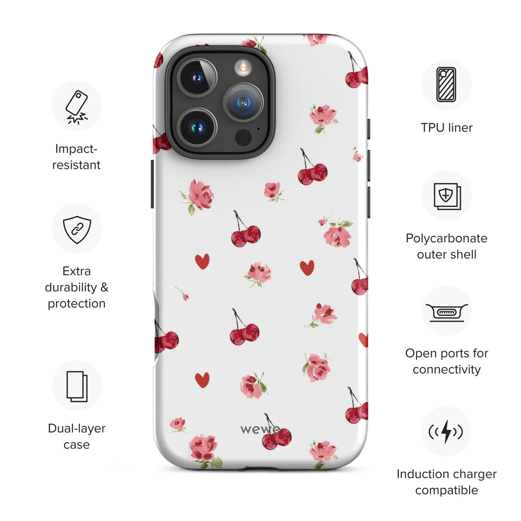 Custom cherry rose iphone case 16 pro max wireless charging compatible.