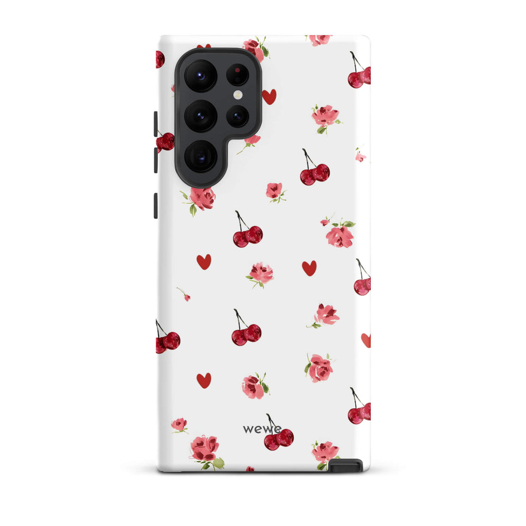 Custom samsung galaxy s22 ultra Phone case with a cute and whimsical pattern of watercolor roses, hearts, and cherries on a white background.