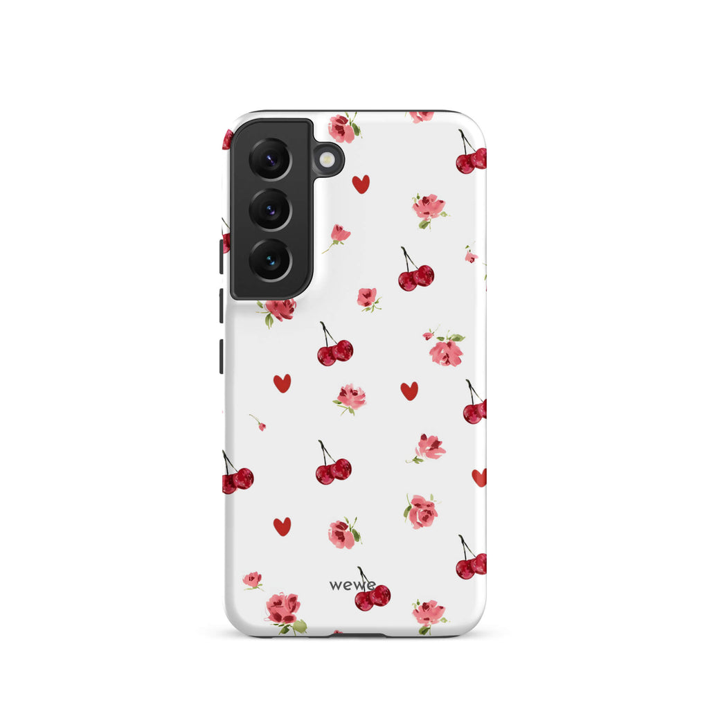 Custom samsung galaxy s22 Phone case with a cute and whimsical pattern of watercolor roses, hearts, and cherries on a white background.